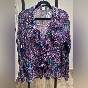 Studio 1940 Purple Abstract Sheer Ruffle Blouse Plus 18/20 Y2K Whimsygoth